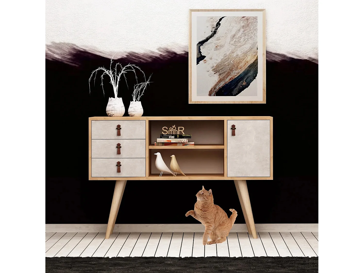 Aparador Moderno com 3 Gavetas – 120 x 80 x 40 cm – Carvalho e Branco – Painel de Partículas Revestido a Melamina