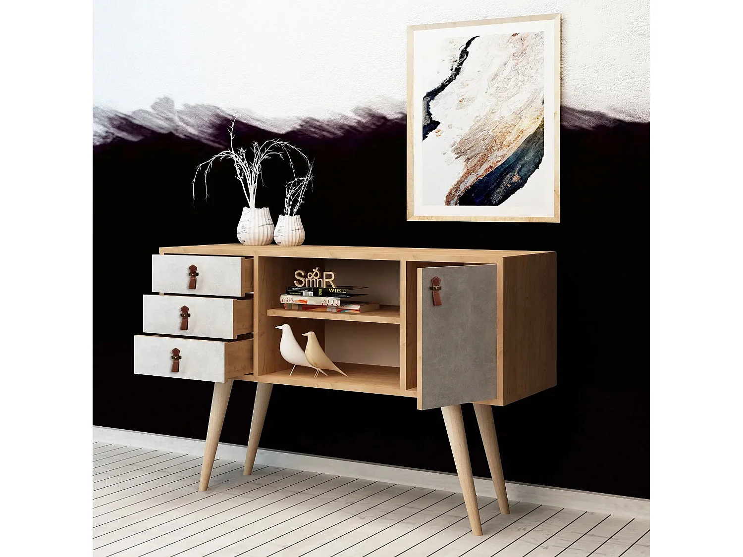 Aparador Moderno com 3 Gavetas – 120 x 80 x 40 cm – Carvalho e Branco – Painel de Partículas Revestido a Melamina