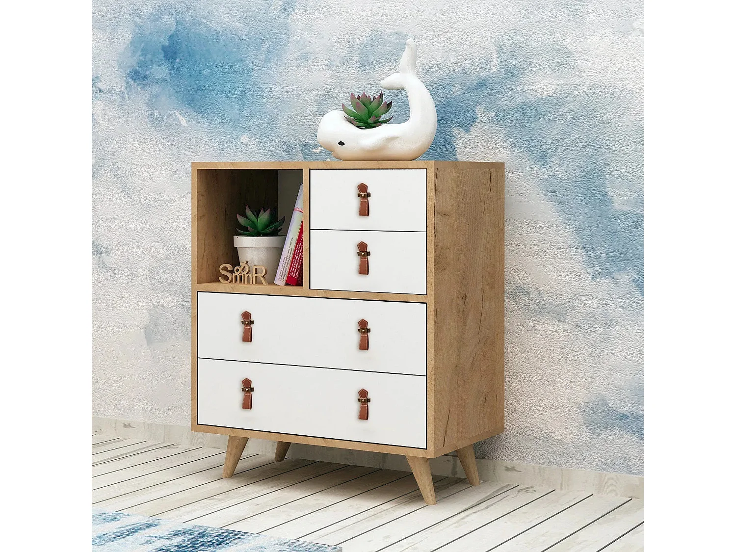 Cómoda Fallow color roble Blanco 70x40x88.6 cm