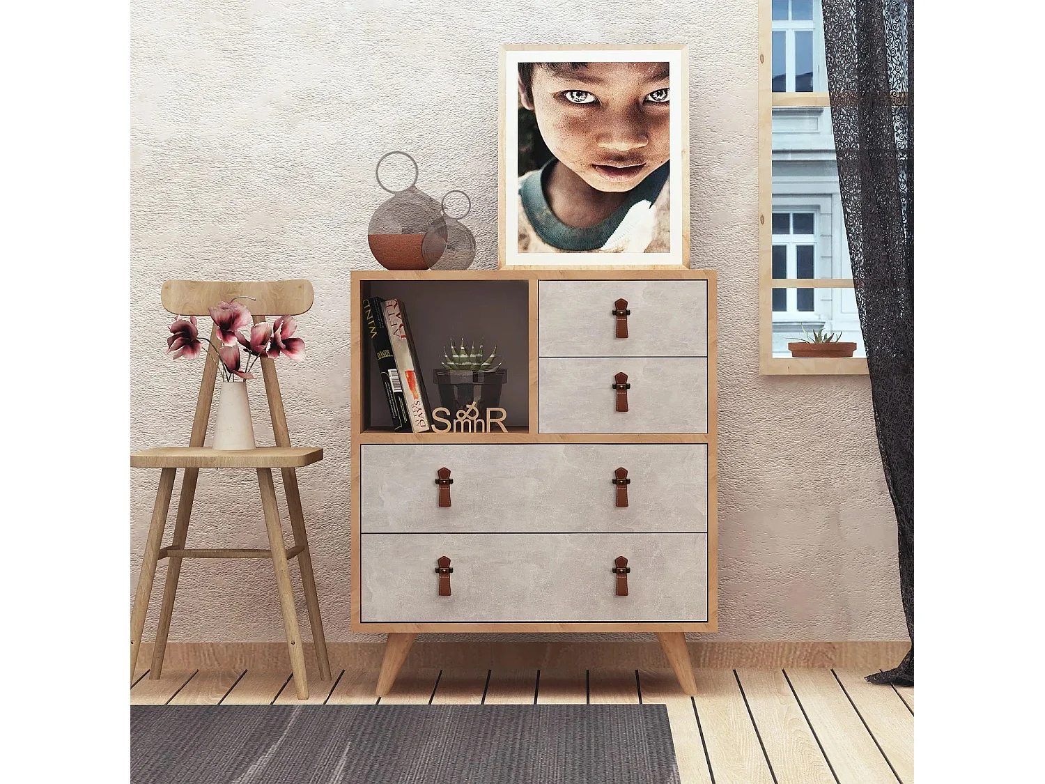 Cómoda Witlof color roble Blanco 70x40x88.6 cm