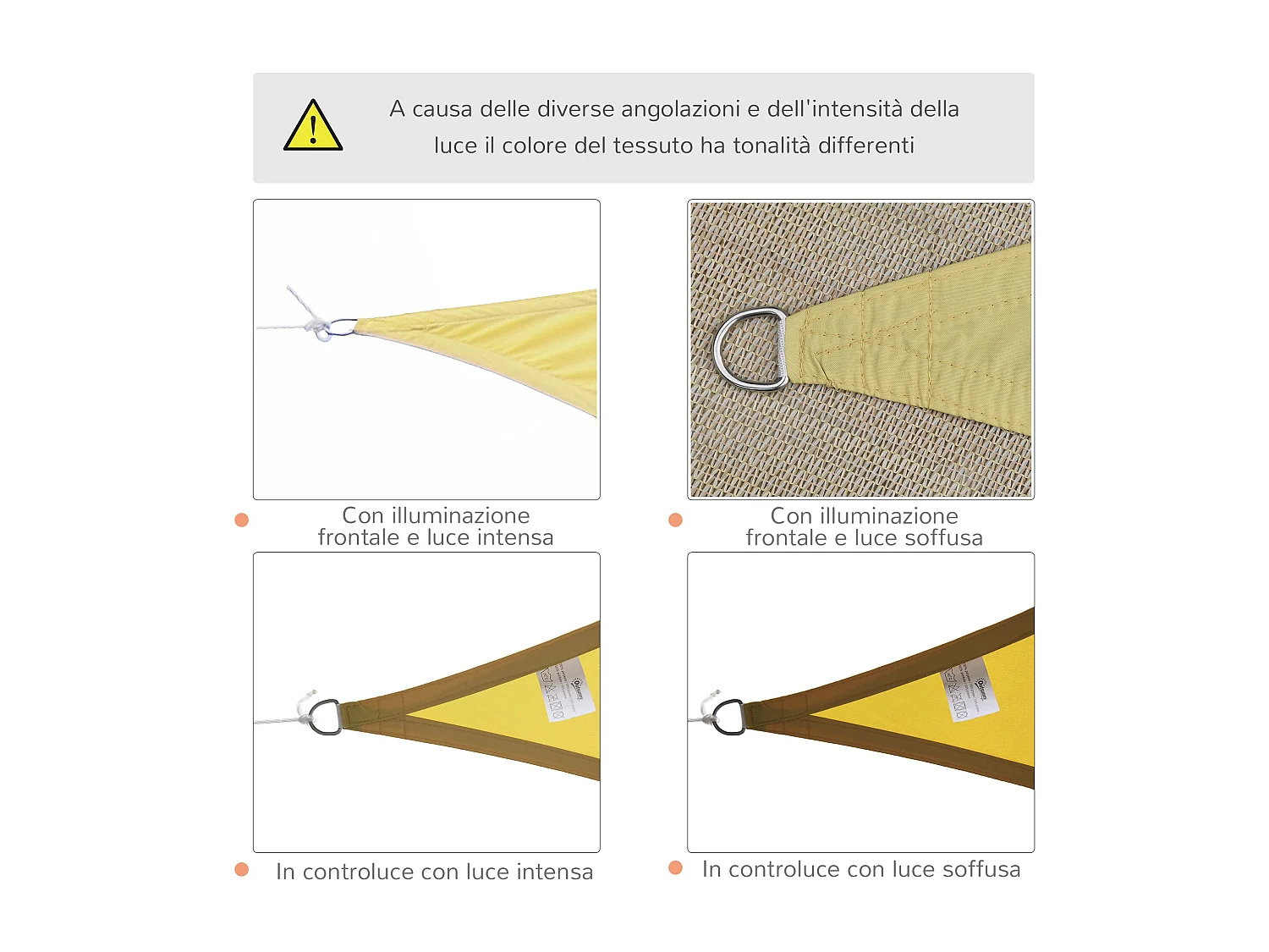Tenda a vela triangolare parasole in poliestere 600x600x600 cm gialla