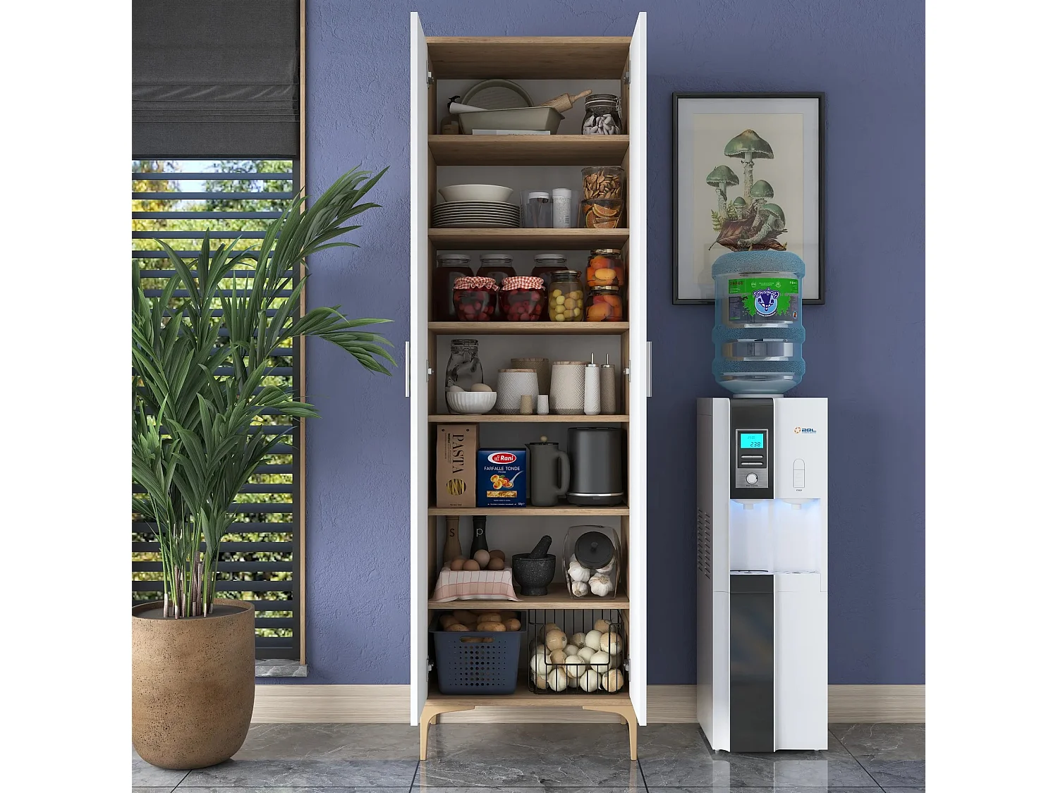 Armário Alto Multiusos de Cozinha "Kitun" - 60x198x37 cm - Branco e Nogueira