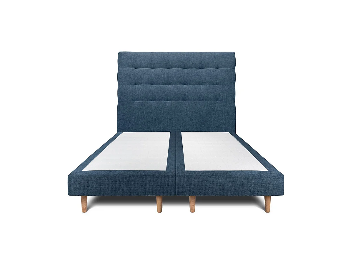 Lit 160x200cm avec tête de lit capitonnée tissu et double sommier tapissier bleu - Hauteur totale : 29cm