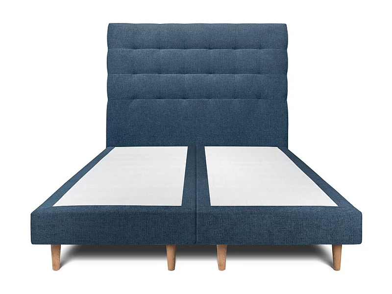 Lit 160x200cm avec tête de lit capitonnée tissu et double sommier tapissier bleu - Hauteur totale : 29cm