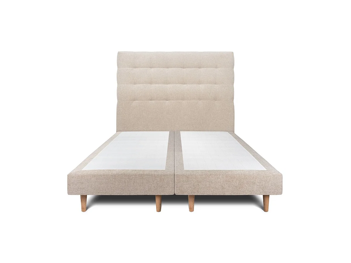 Lit 160x200cm avec tête de lit capitonnée tissu et double sommier tapissier beige brun - Hauteur totale : 29cm