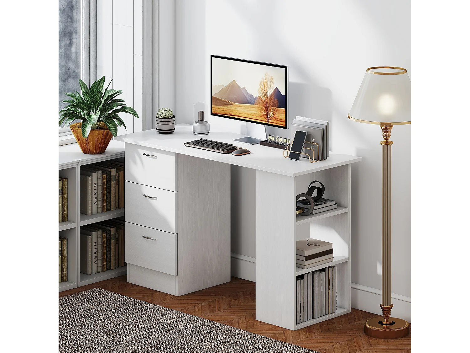 Scrivania porta pc con 3 cassetti e 3 ripiani in legno bianco