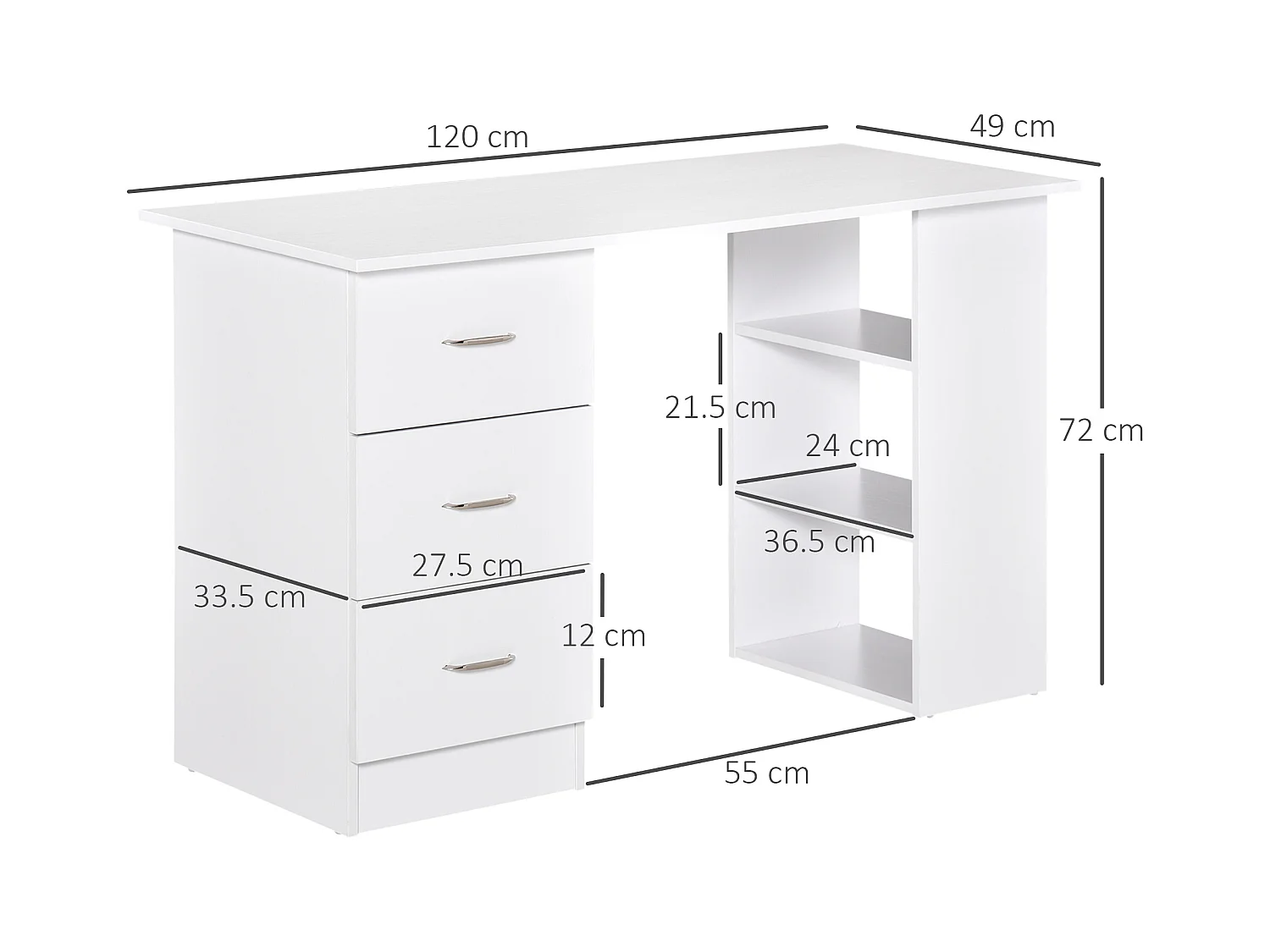 Scrivania porta pc con 3 cassetti e 3 ripiani in legno bianco