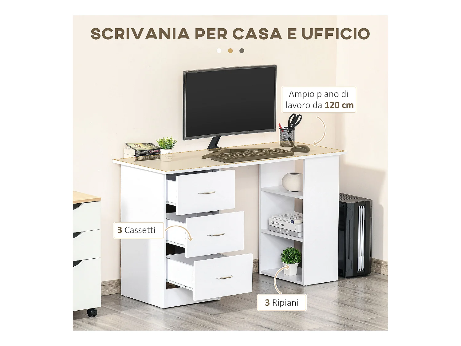 Scrivania porta pc con 3 cassetti e 3 ripiani in legno bianco
