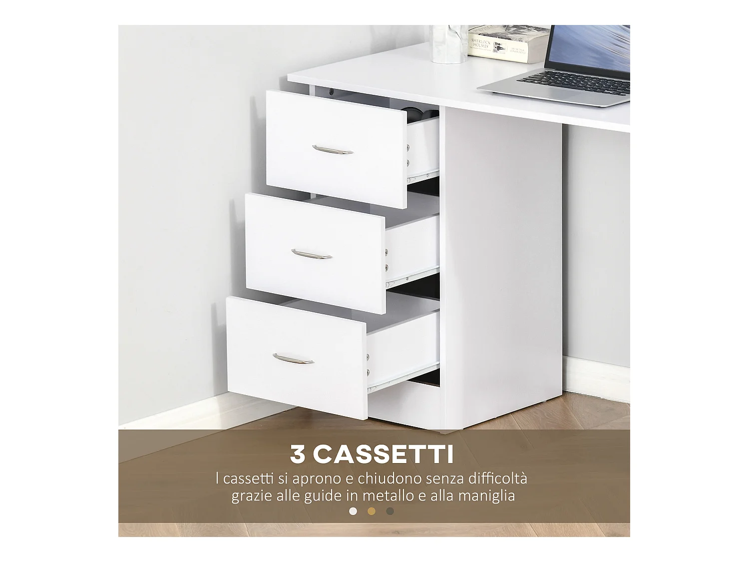 Scrivania porta pc con 3 cassetti e 3 ripiani in legno bianco