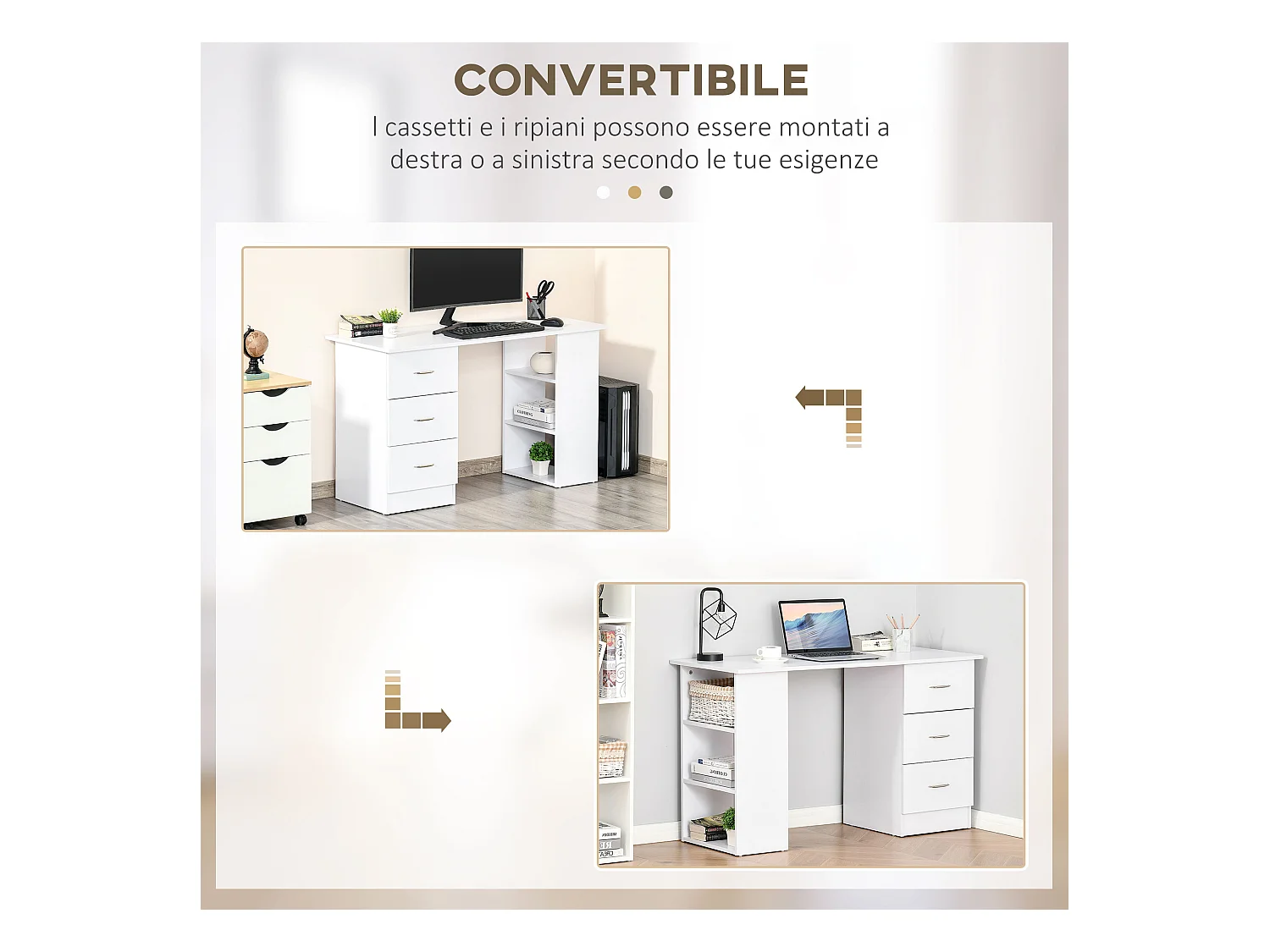 Scrivania porta pc con 3 cassetti e 3 ripiani in legno bianco