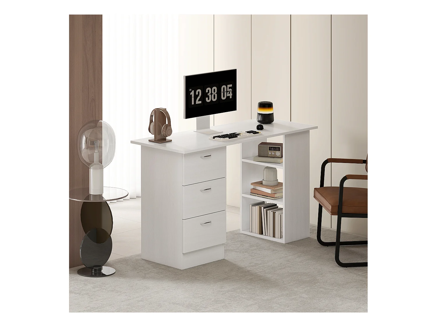 Scrivania porta pc con 3 cassetti e 3 ripiani in legno bianco