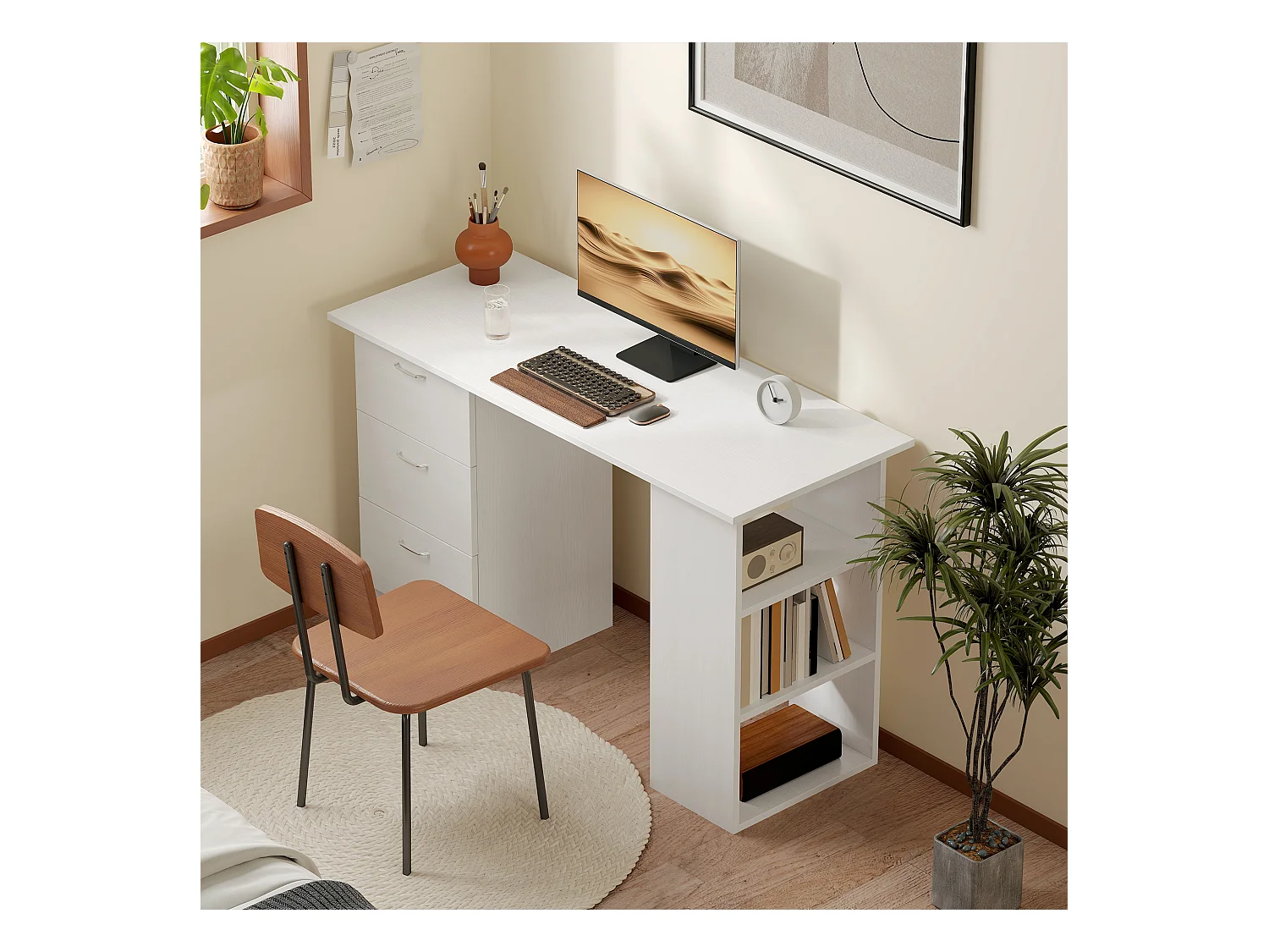 Scrivania porta pc con 3 cassetti e 3 ripiani in legno bianco