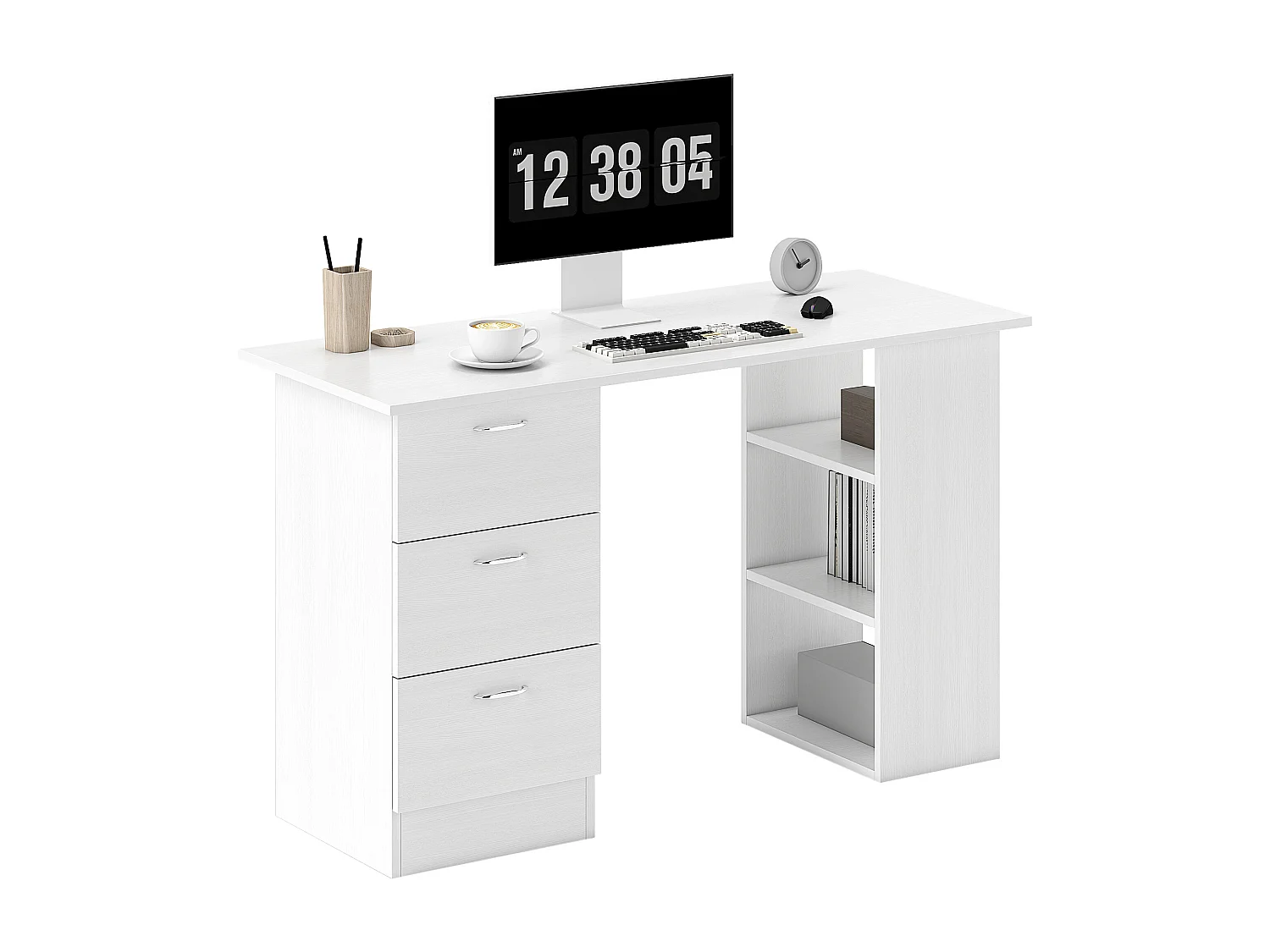 Scrivania porta pc con 3 cassetti e 3 ripiani in legno bianco