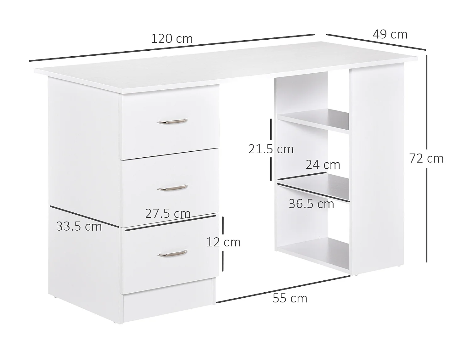 Scrivania porta pc con 3 cassetti e 3 ripiani in legno bianco