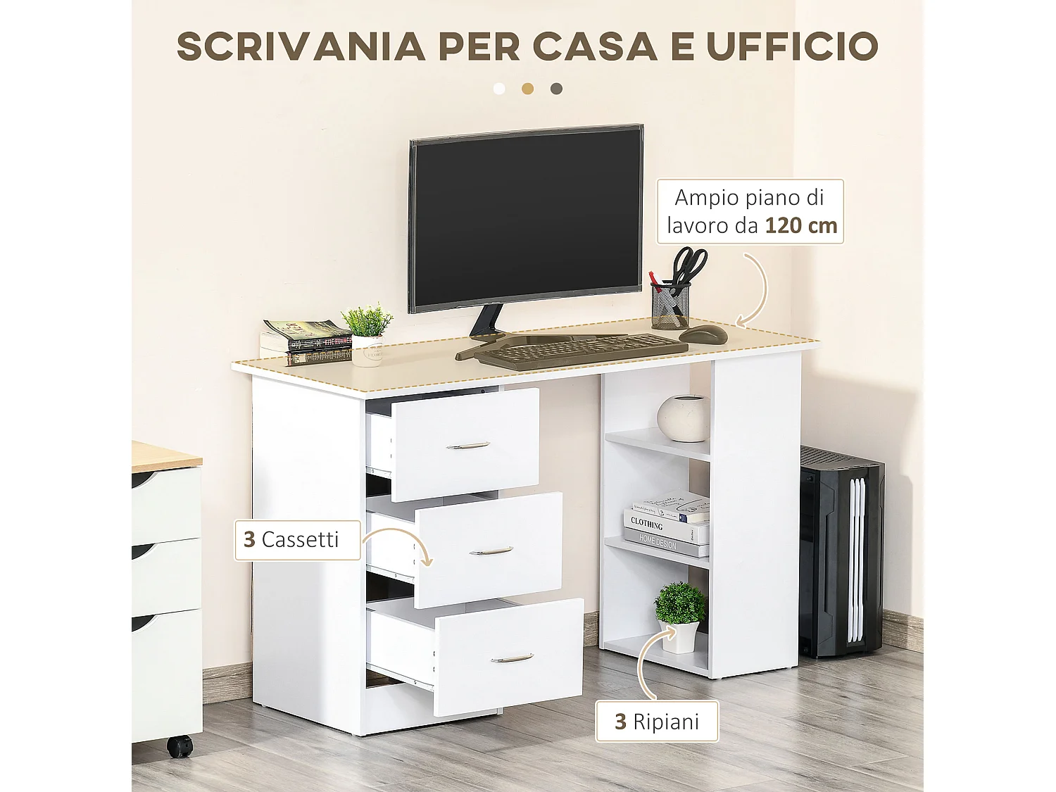 Scrivania porta pc con 3 cassetti e 3 ripiani in legno bianco