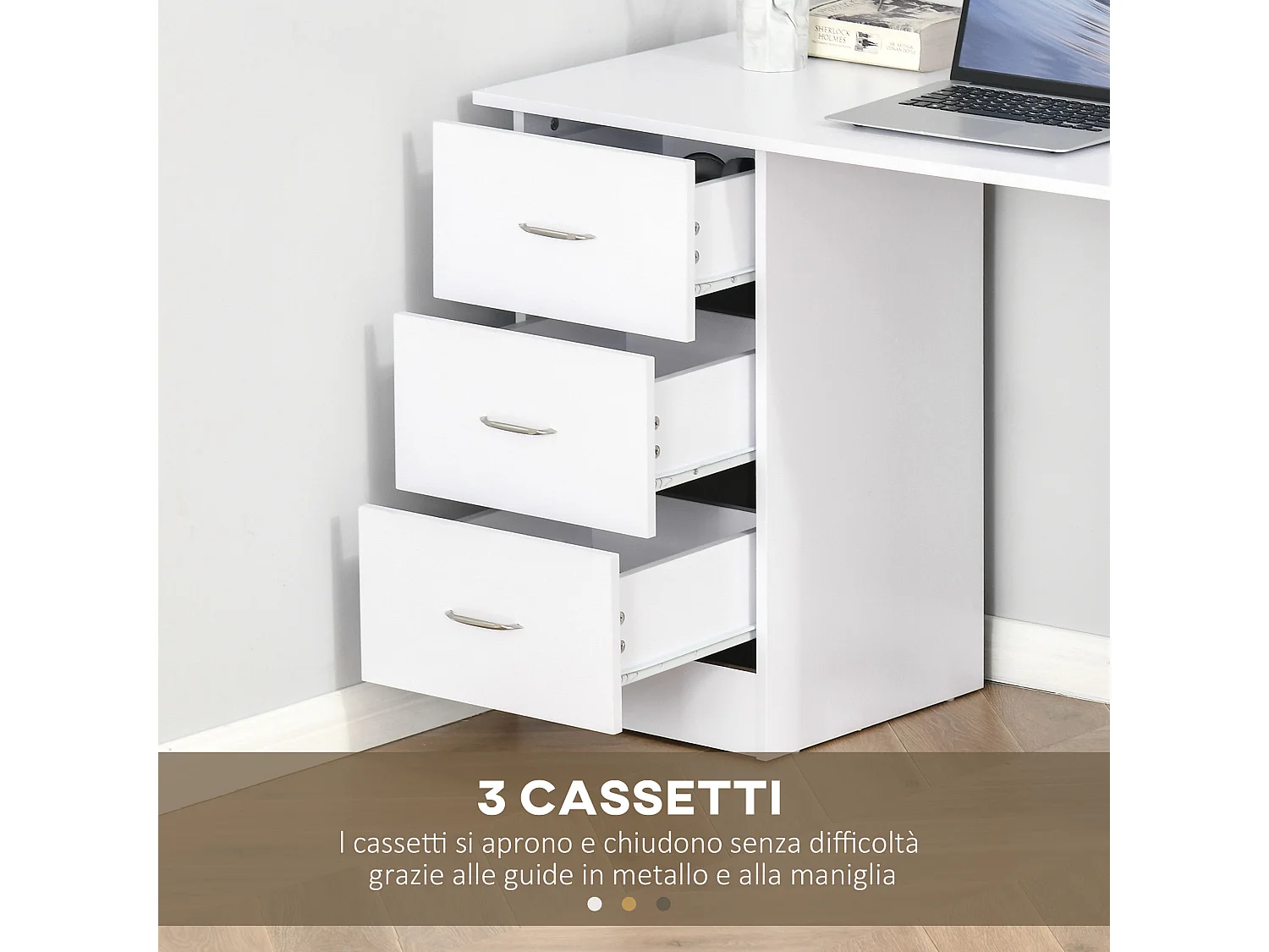Scrivania porta pc con 3 cassetti e 3 ripiani in legno bianco