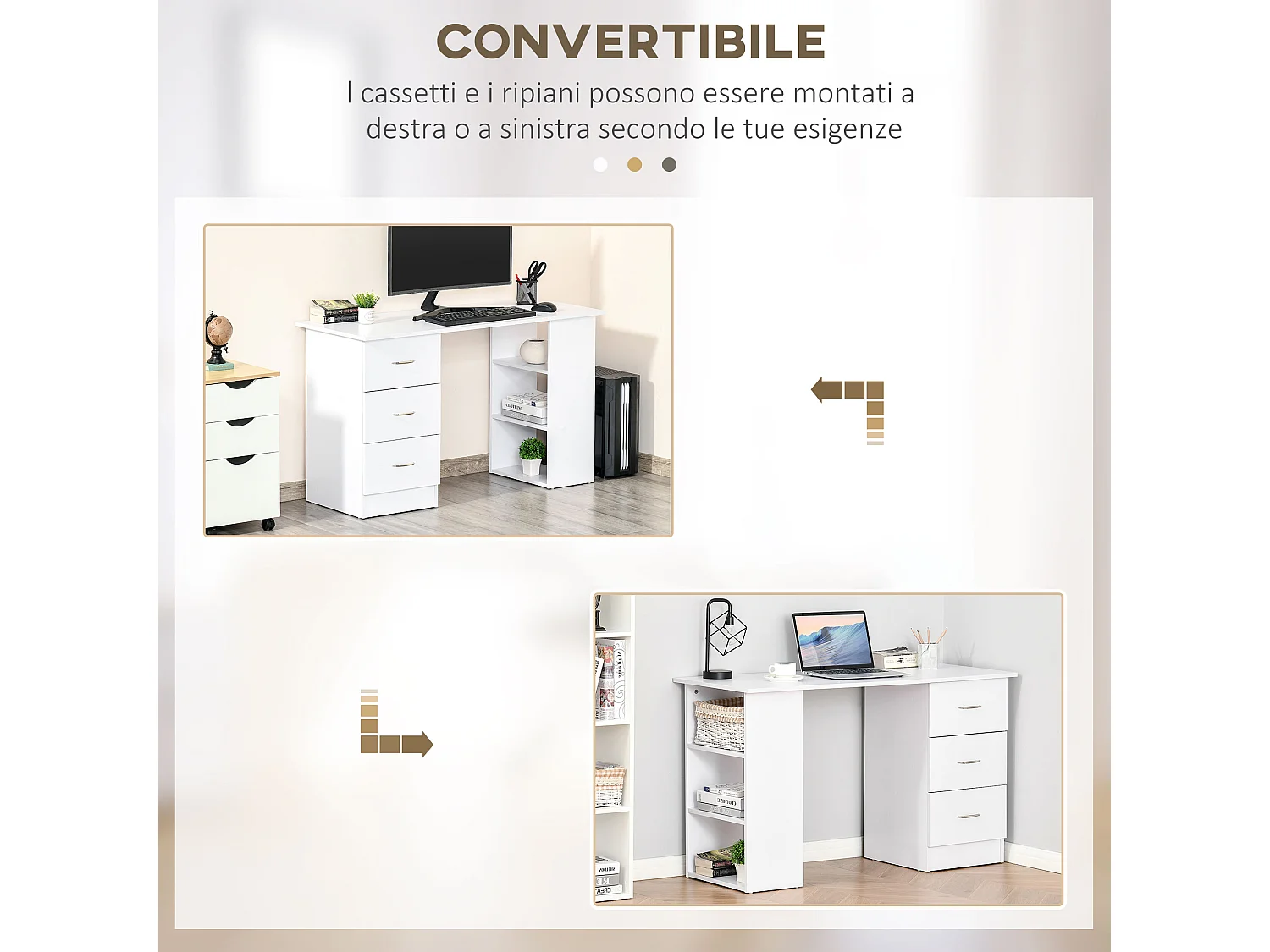 Scrivania porta pc con 3 cassetti e 3 ripiani in legno bianco