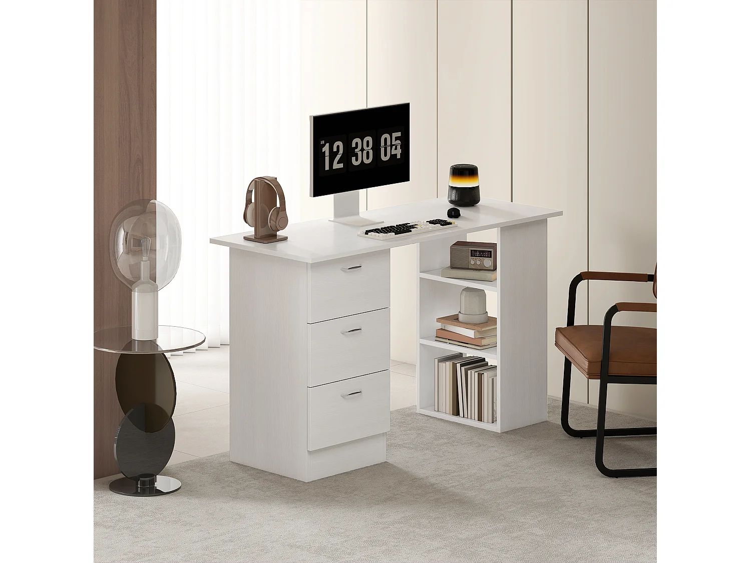Scrivania porta pc con 3 cassetti e 3 ripiani in legno bianco