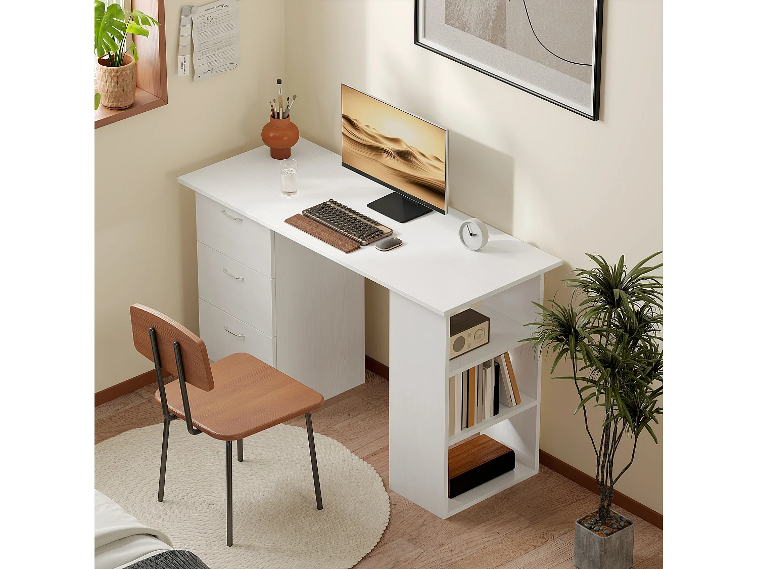 Scrivania porta pc con 3 cassetti e 3 ripiani in legno bianco