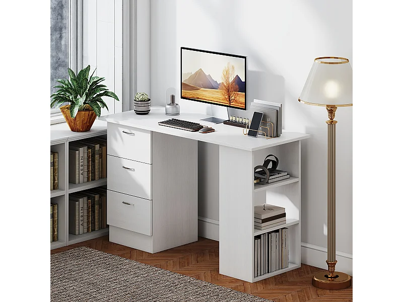 Scrivania porta pc con 3 cassetti e 3 ripiani in legno bianco
