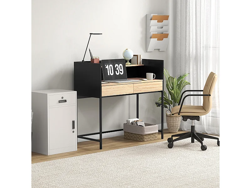 Scrivania 2 cassetti con ripiano in legno e acciaio nero e quercia