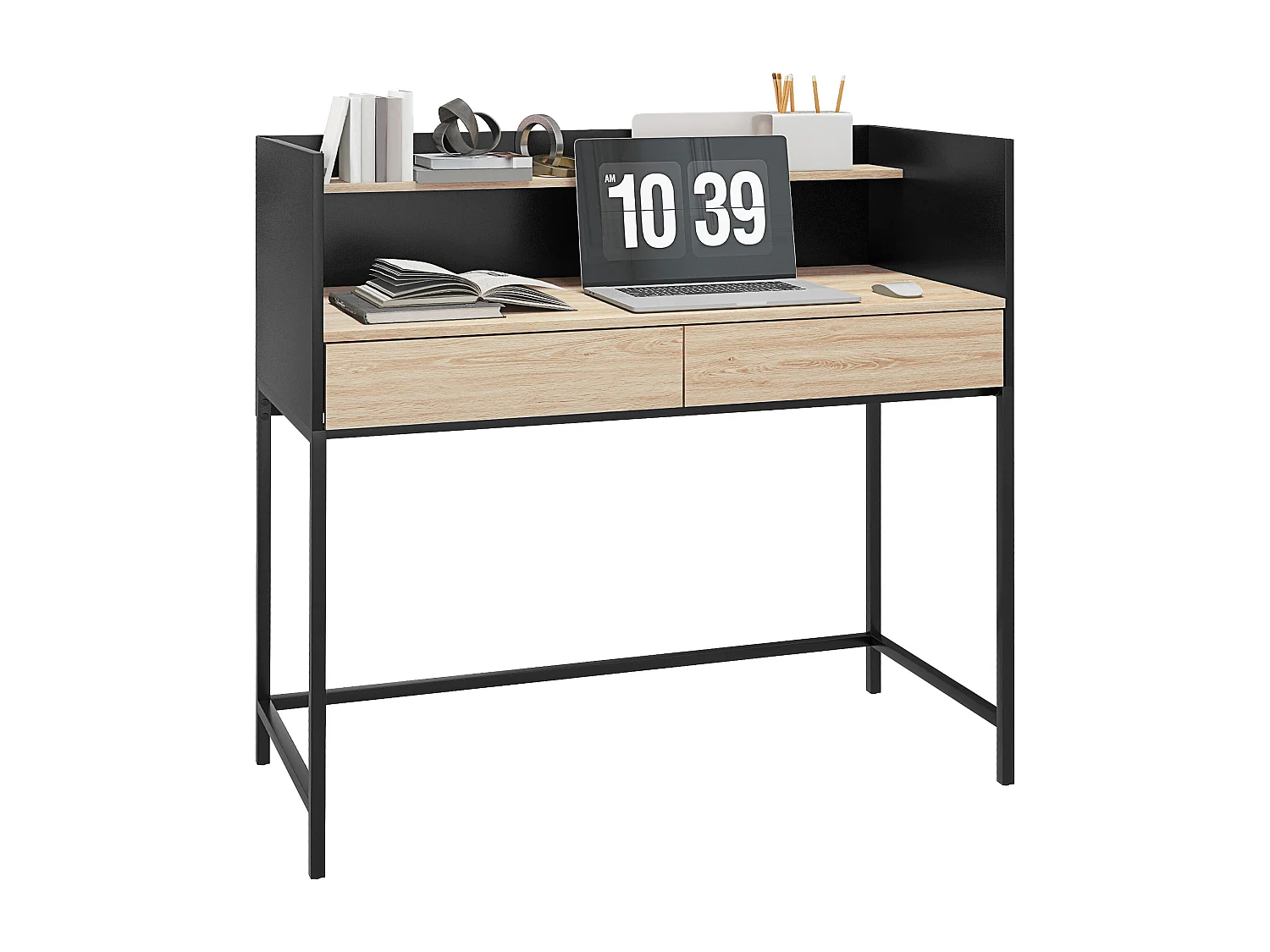 Scrivania 2 cassetti con ripiano in legno e acciaio nero e quercia