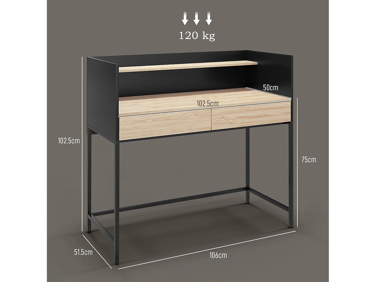 Scrivania 2 cassetti con ripiano in legno e acciaio nero e quercia