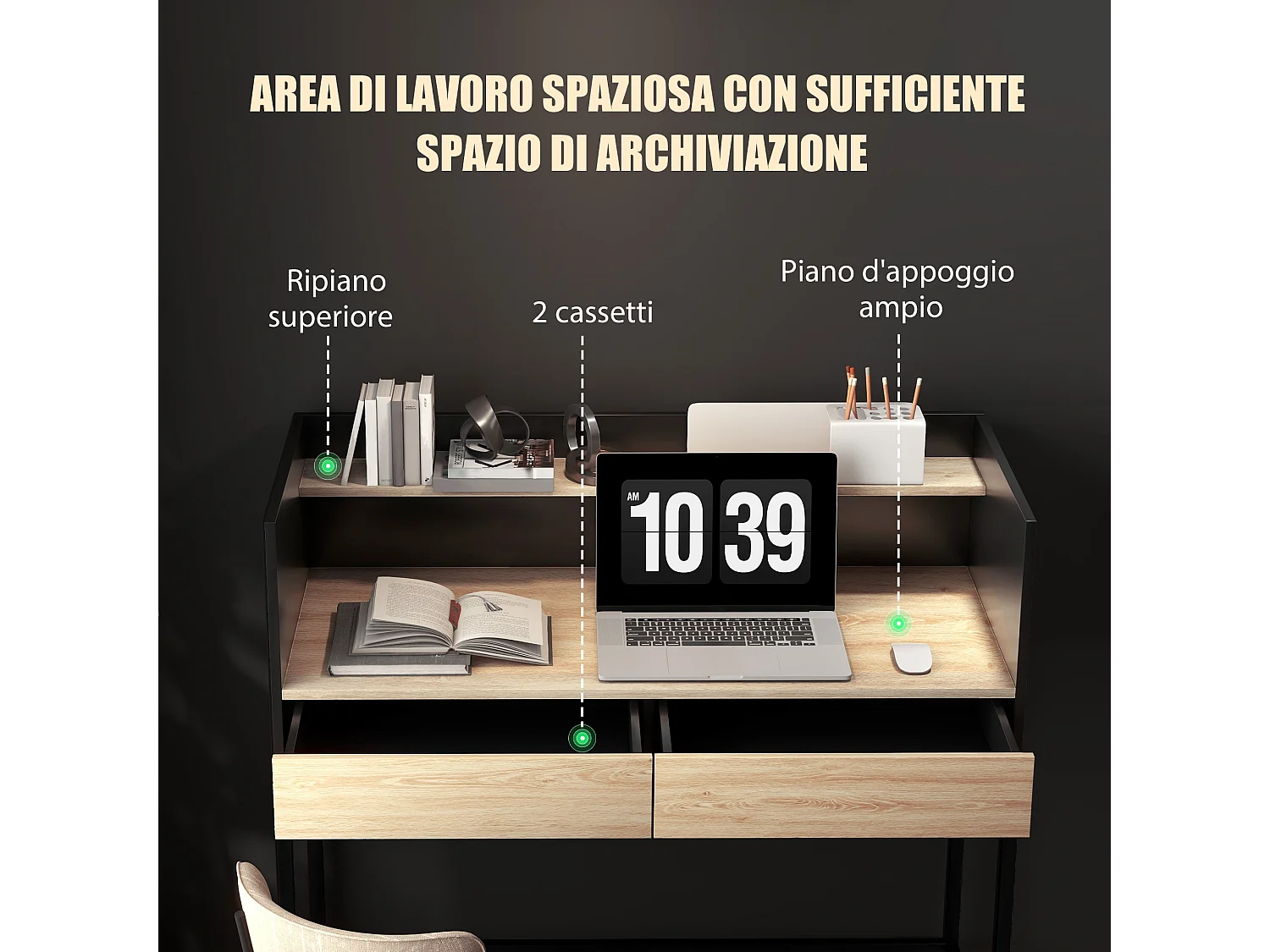 Scrivania 2 cassetti con ripiano in legno e acciaio nero e quercia