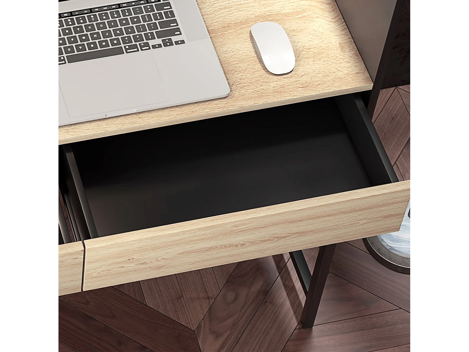 Scrivania 2 cassetti con ripiano in legno e acciaio nero e quercia