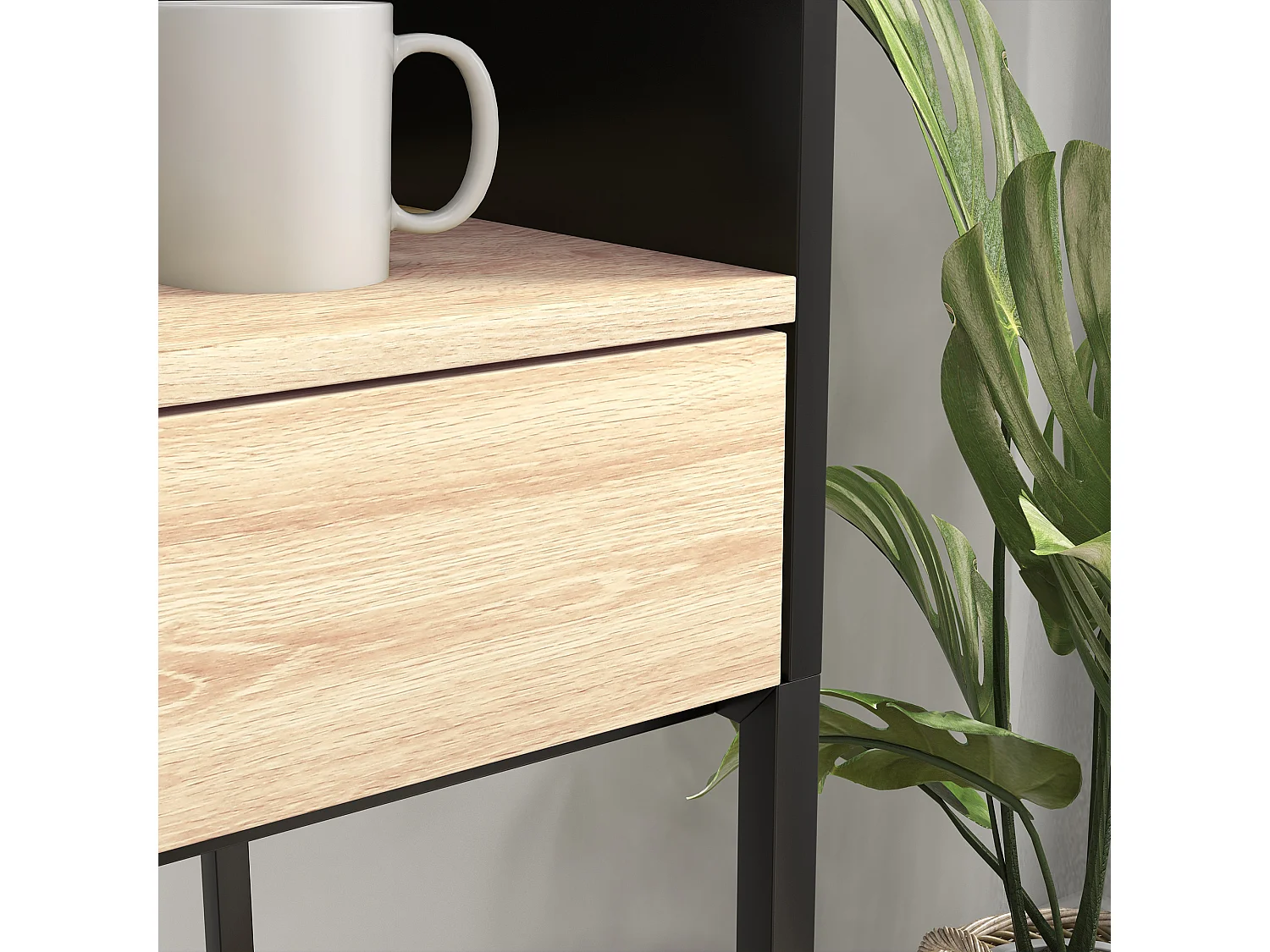 Scrivania 2 cassetti con ripiano in legno e acciaio nero e quercia