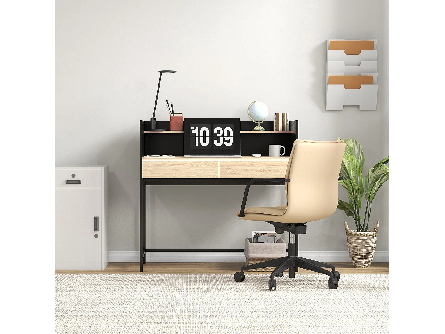 Scrivania 2 cassetti con ripiano in legno e acciaio nero e quercia