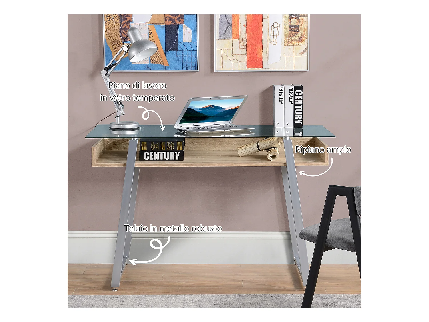 Scrivania da computer con piano in vetro temperato multicolore