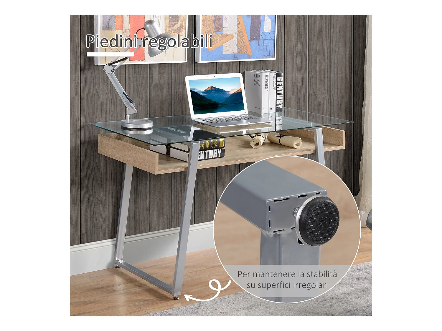 Scrivania da computer con piano in vetro temperato multicolore