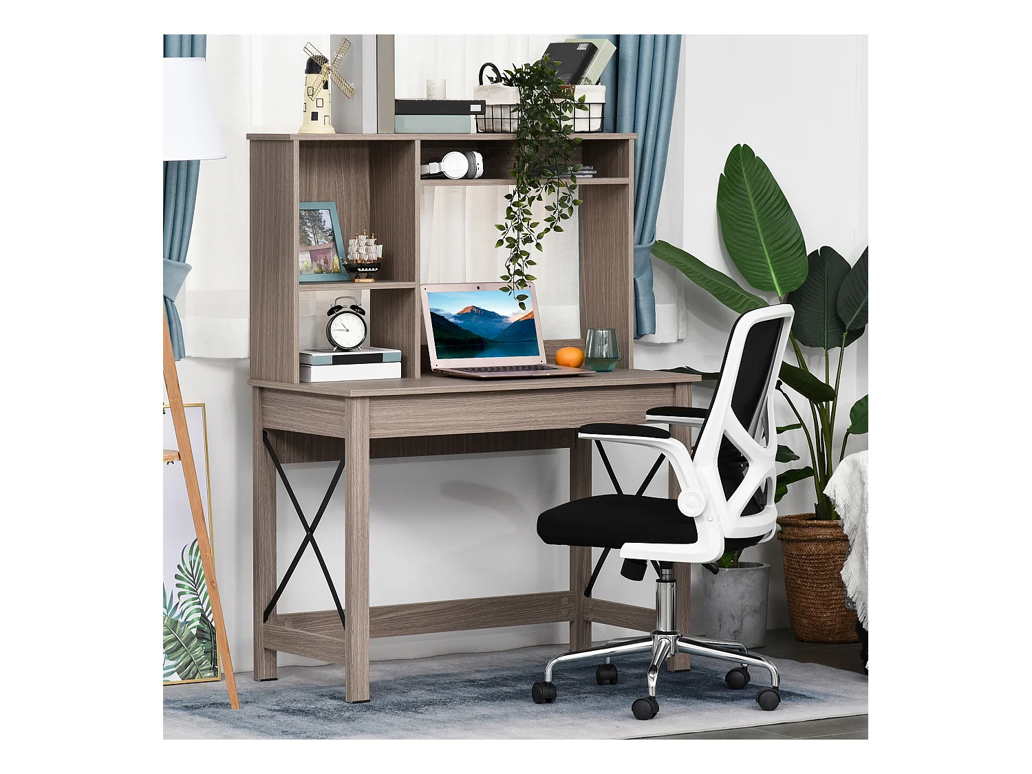 Scrivania scaffale con libreria sopra in legno color legno