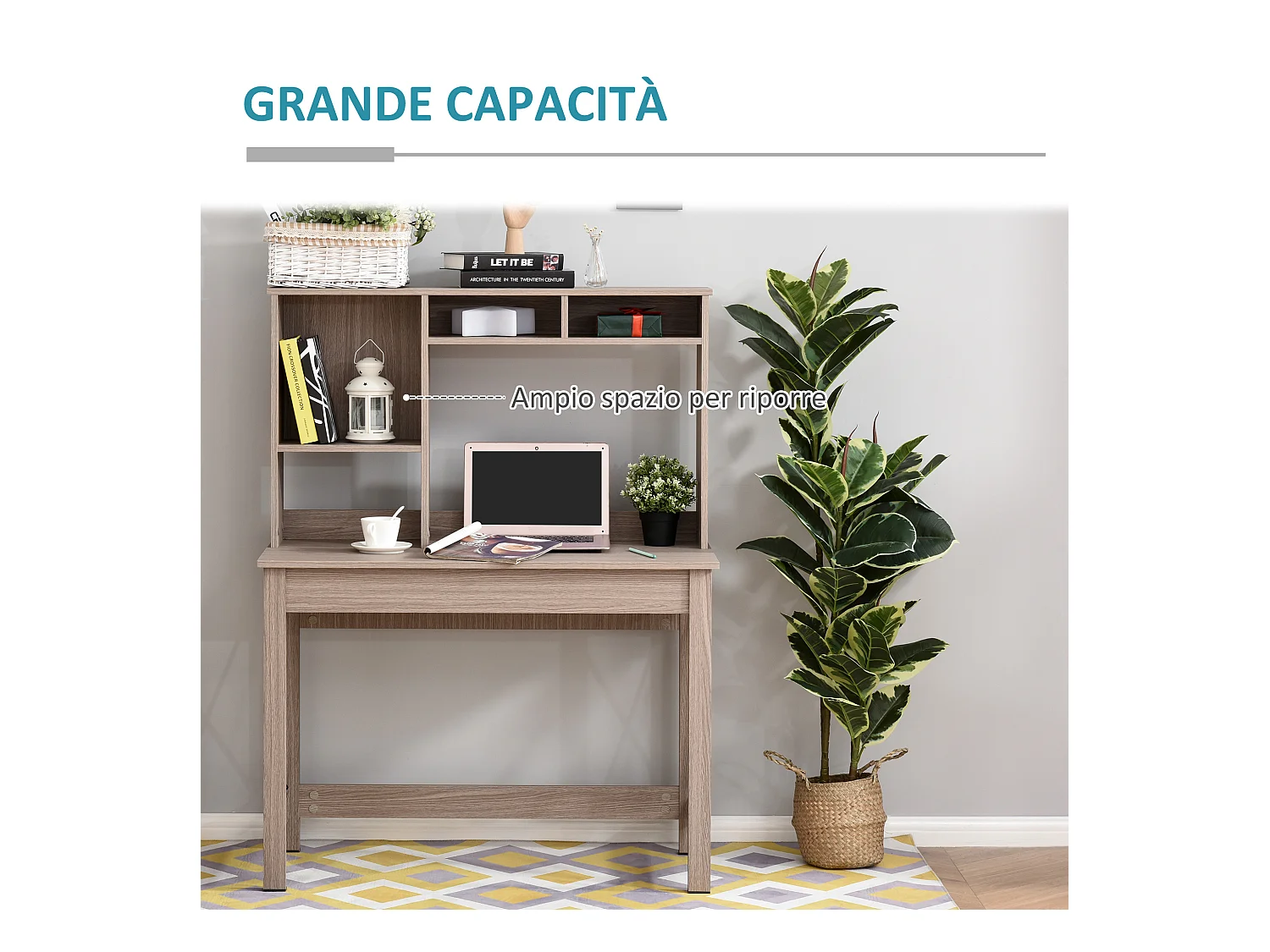 Scrivania scaffale con libreria sopra in legno color legno