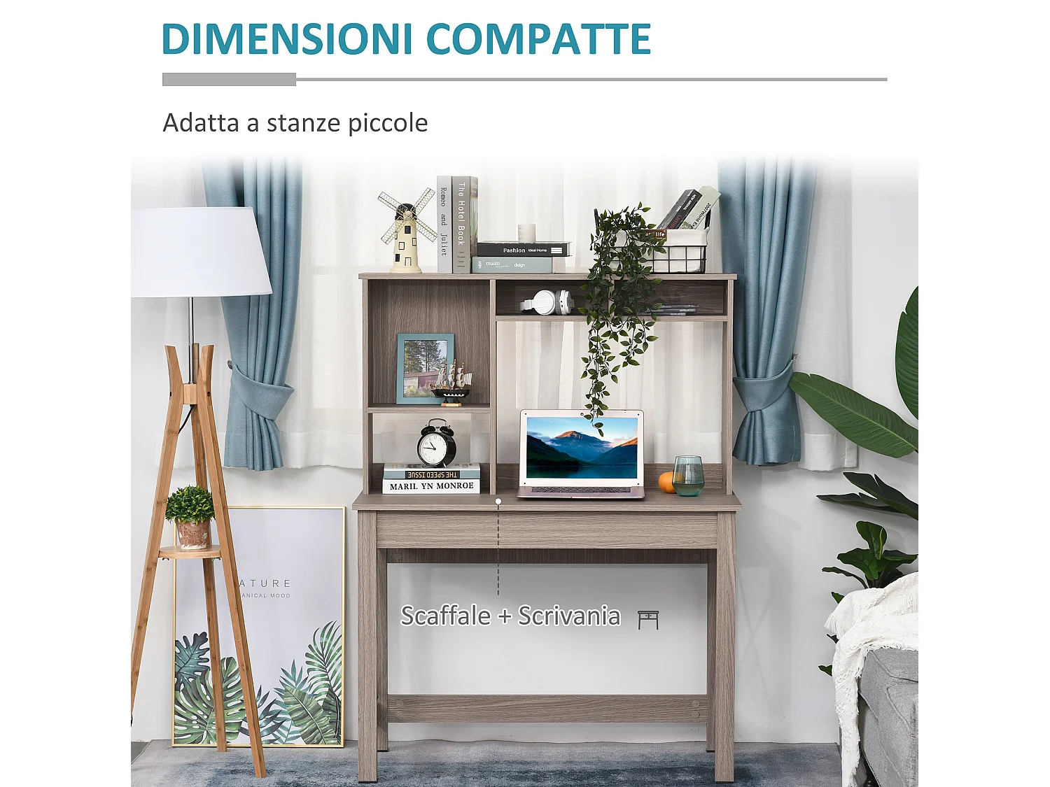 Scrivania scaffale con libreria sopra in legno color legno