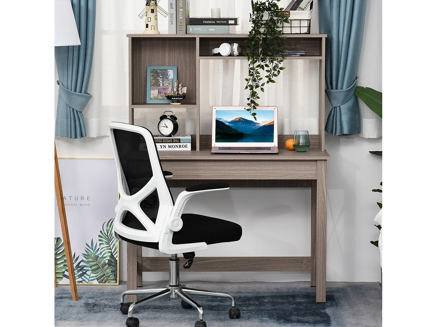 Scrivania scaffale con libreria sopra in legno color legno