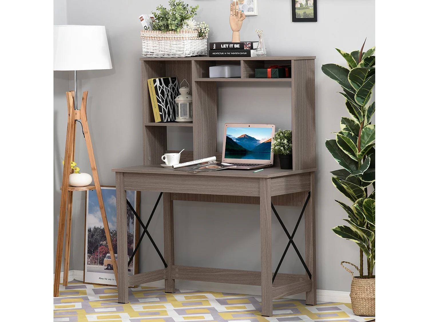 Scrivania scaffale con libreria sopra in legno color legno