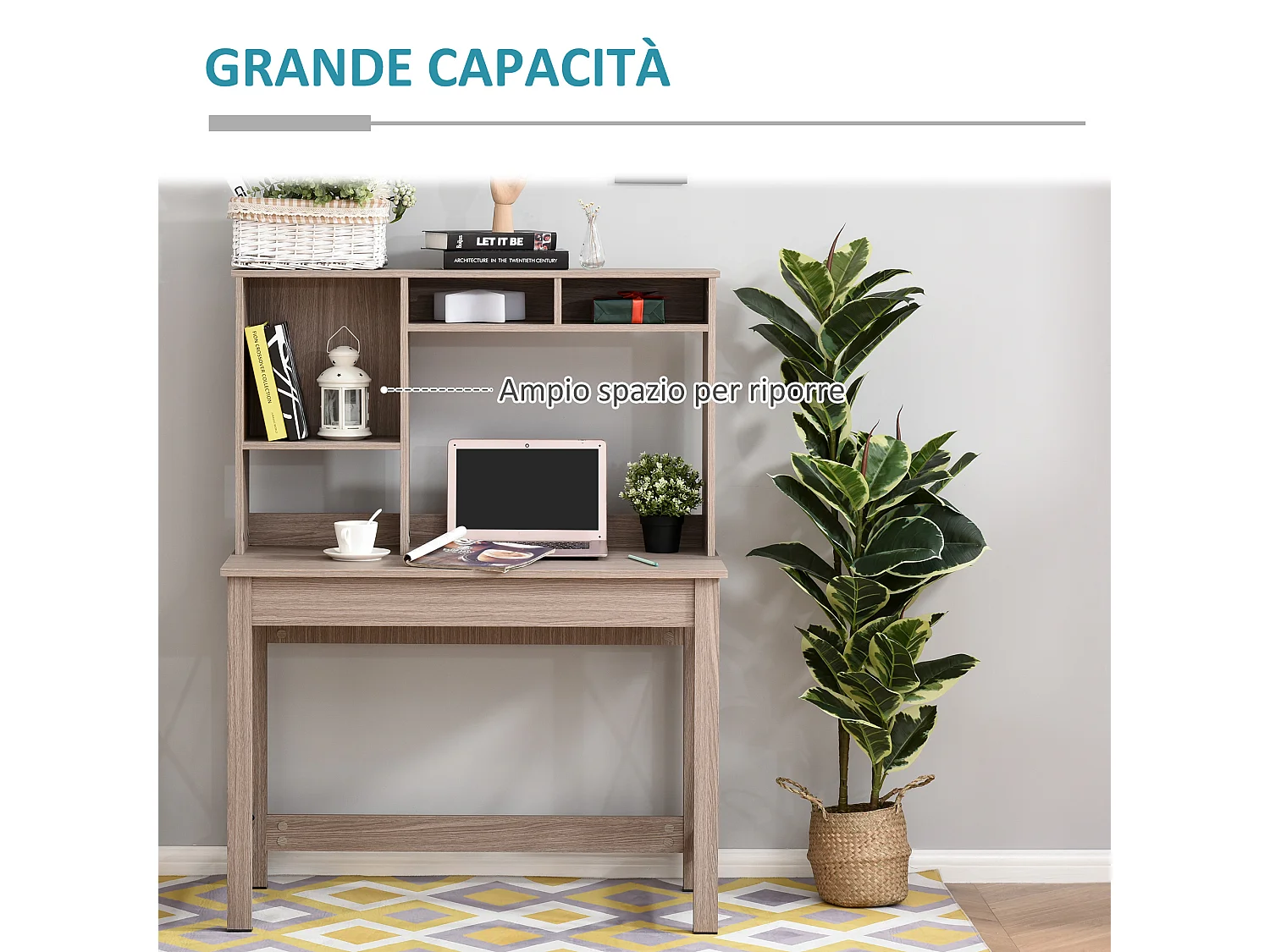 Scrivania scaffale con libreria sopra in legno color legno