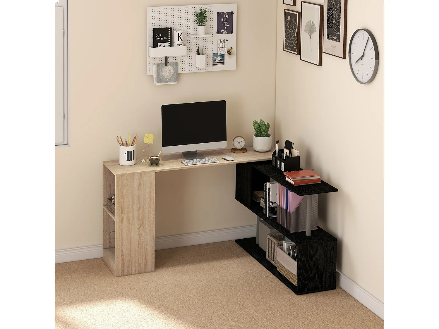 Scrivania angolare salvaspazio con ripiano a s in legno