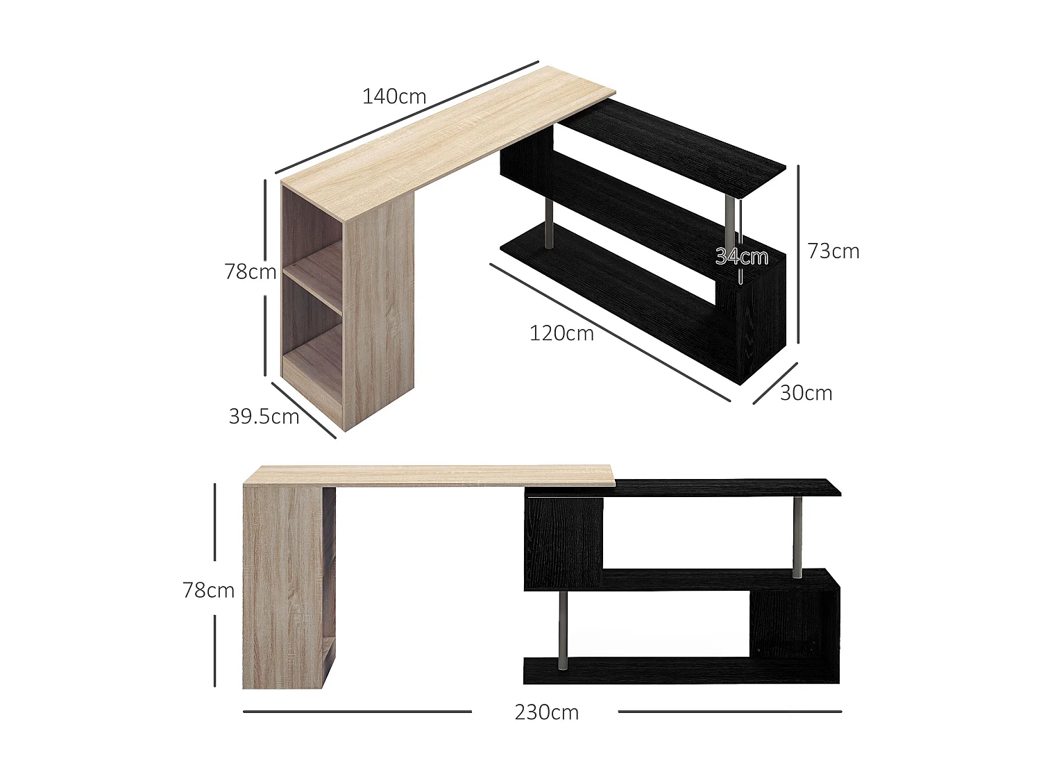 Scrivania angolare salvaspazio con ripiano a s in legno
