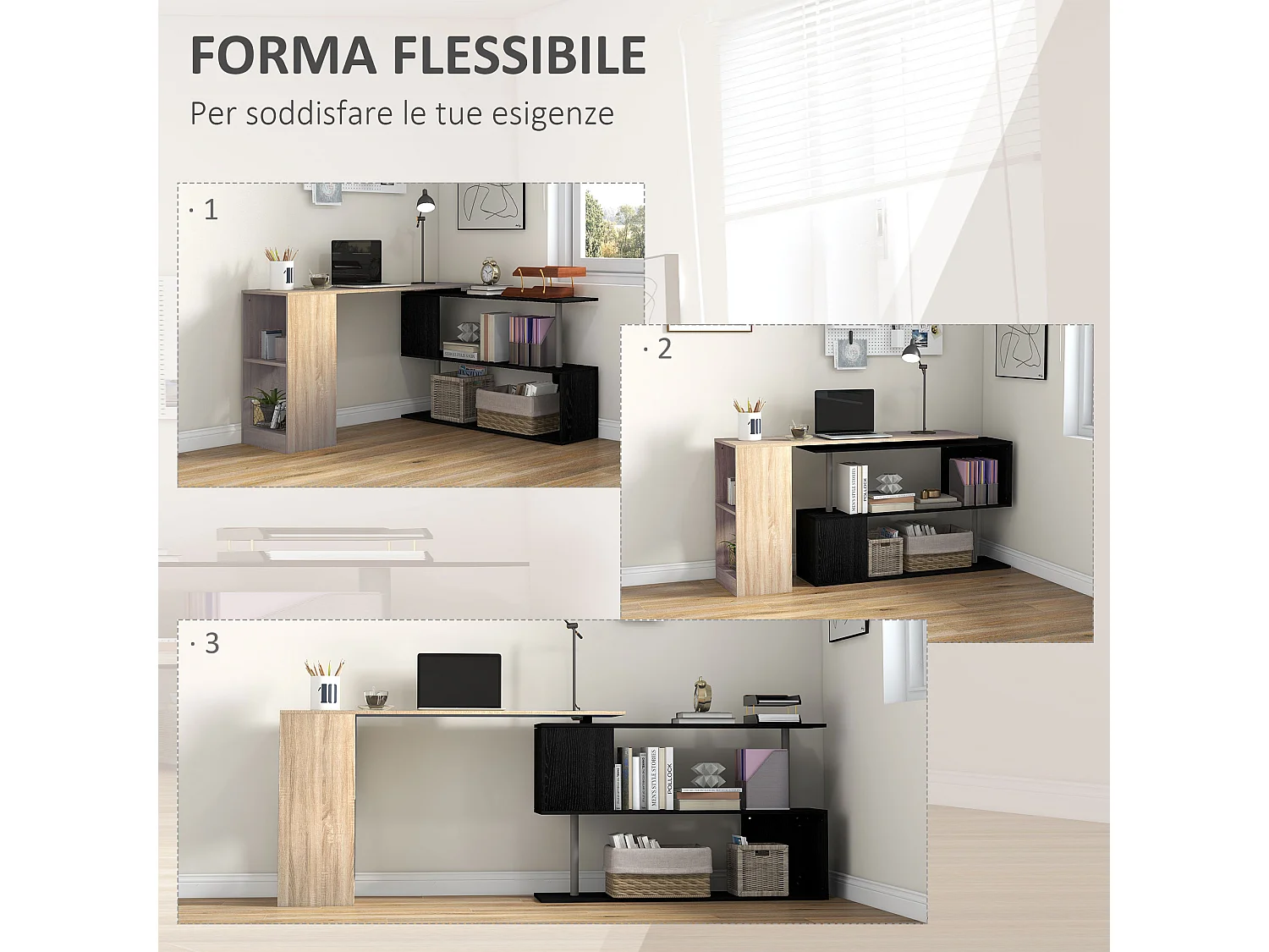 Scrivania angolare salvaspazio con ripiano a s in legno