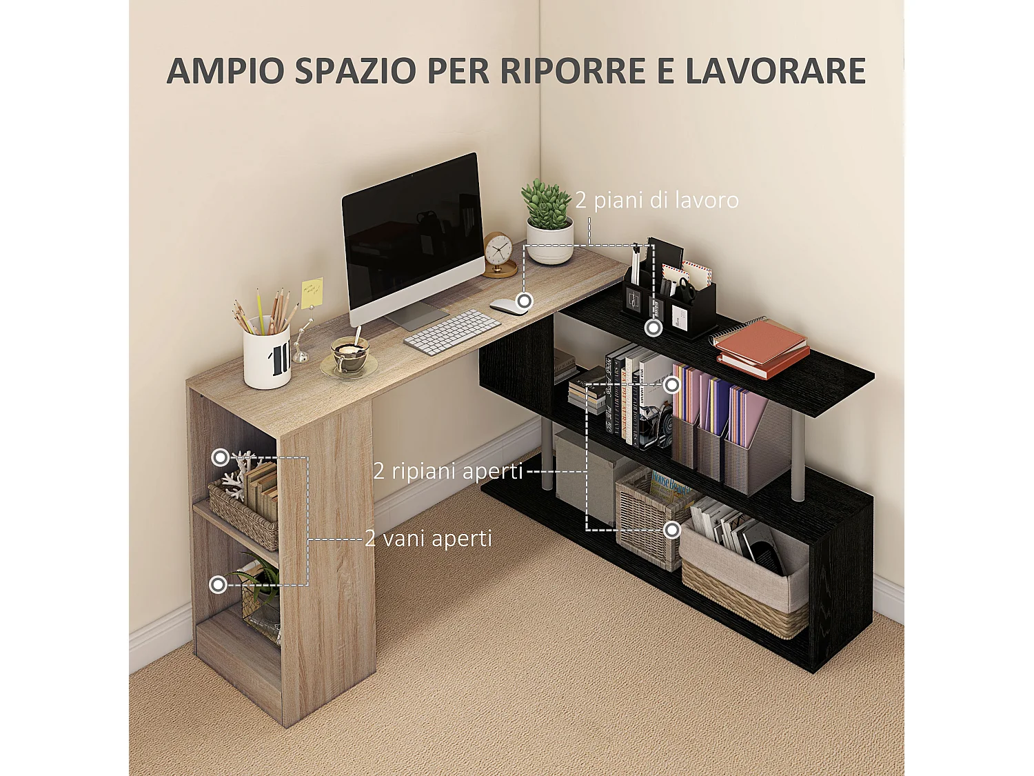 Scrivania angolare salvaspazio con ripiano a s in legno