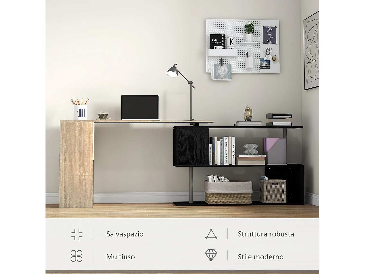 Scrivania angolare salvaspazio con ripiano a s in legno