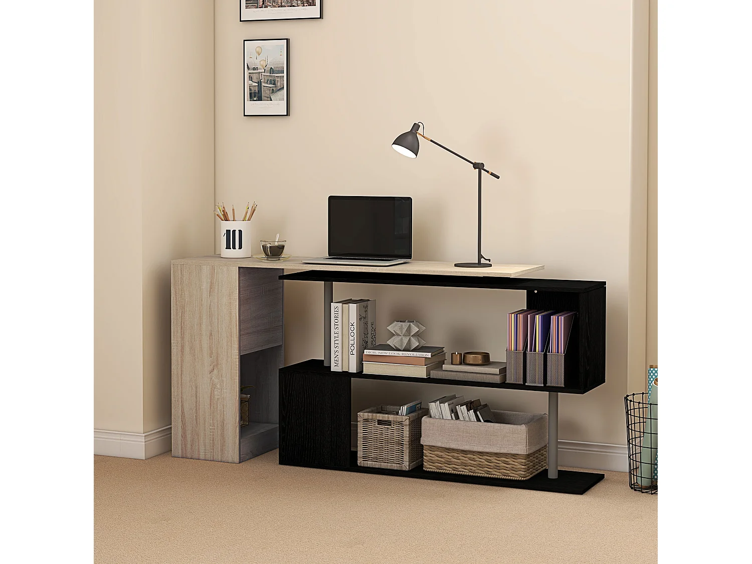 Scrivania angolare salvaspazio con ripiano a s in legno