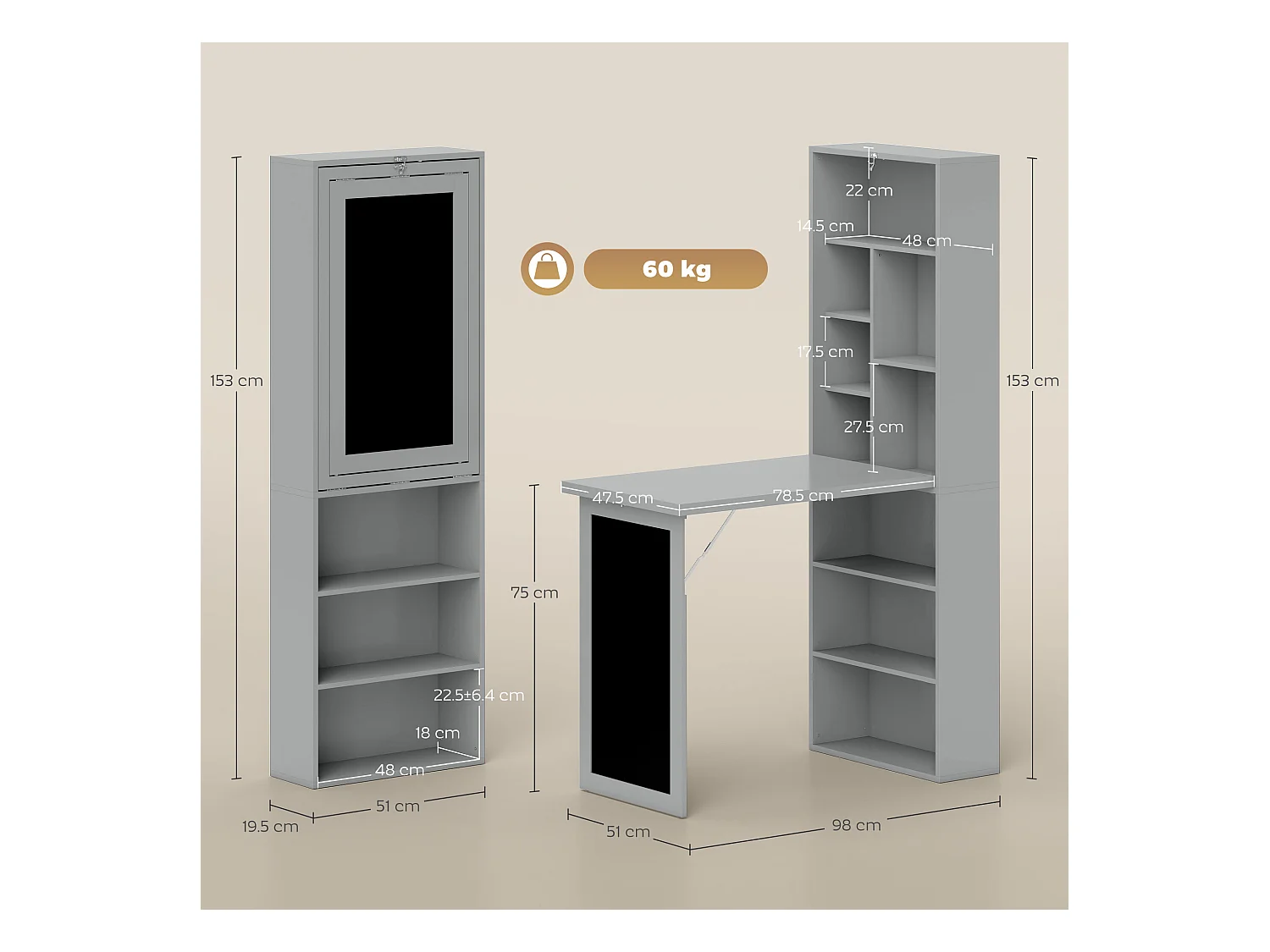 Scrivania pieghevole con libreria a 9 ripiani e lavagna grigio