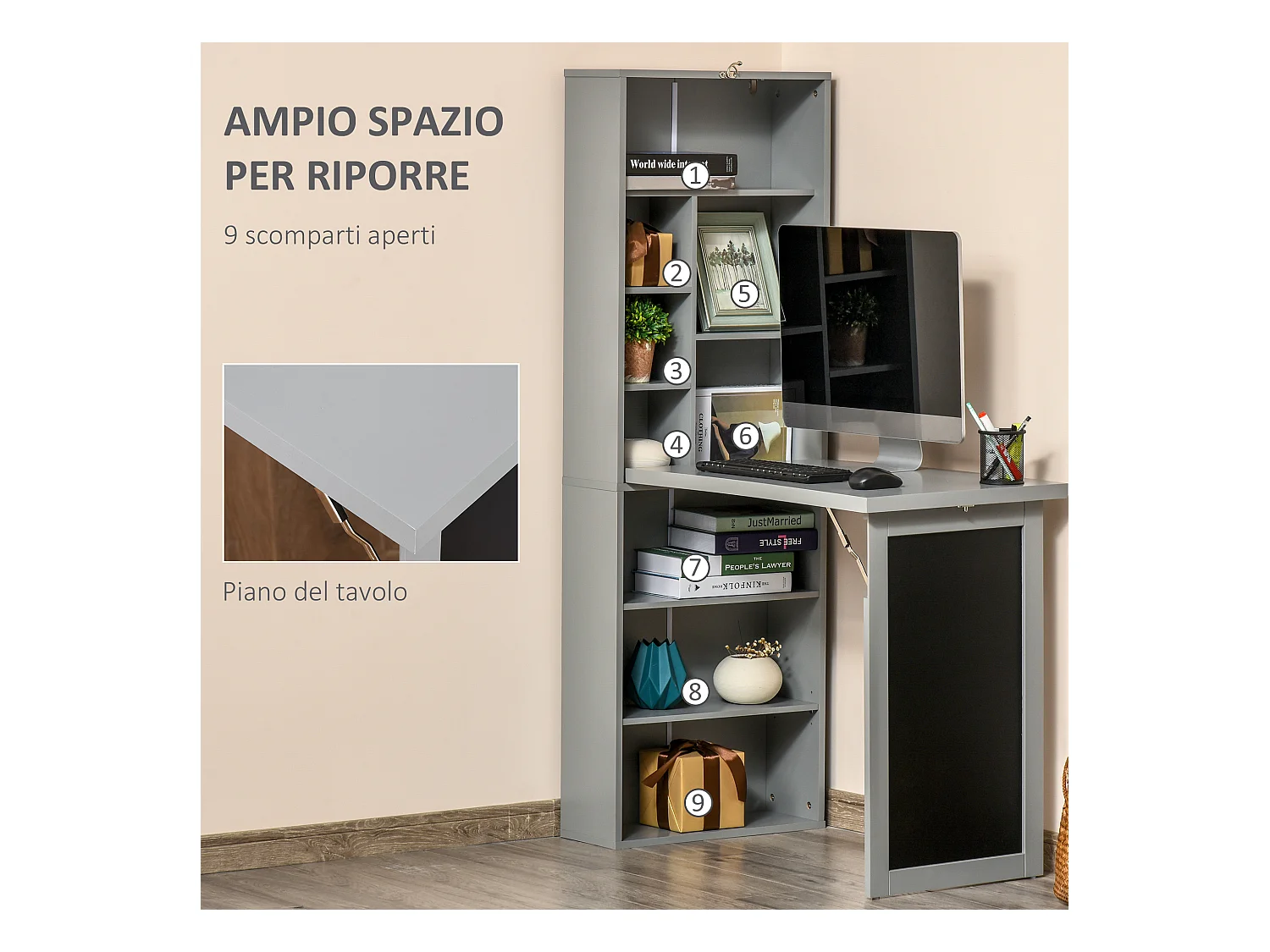 Scrivania pieghevole con libreria a 9 ripiani e lavagna grigio