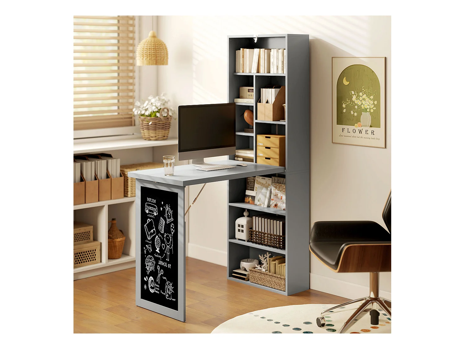 Scrivania pieghevole con libreria a 9 ripiani e lavagna grigio