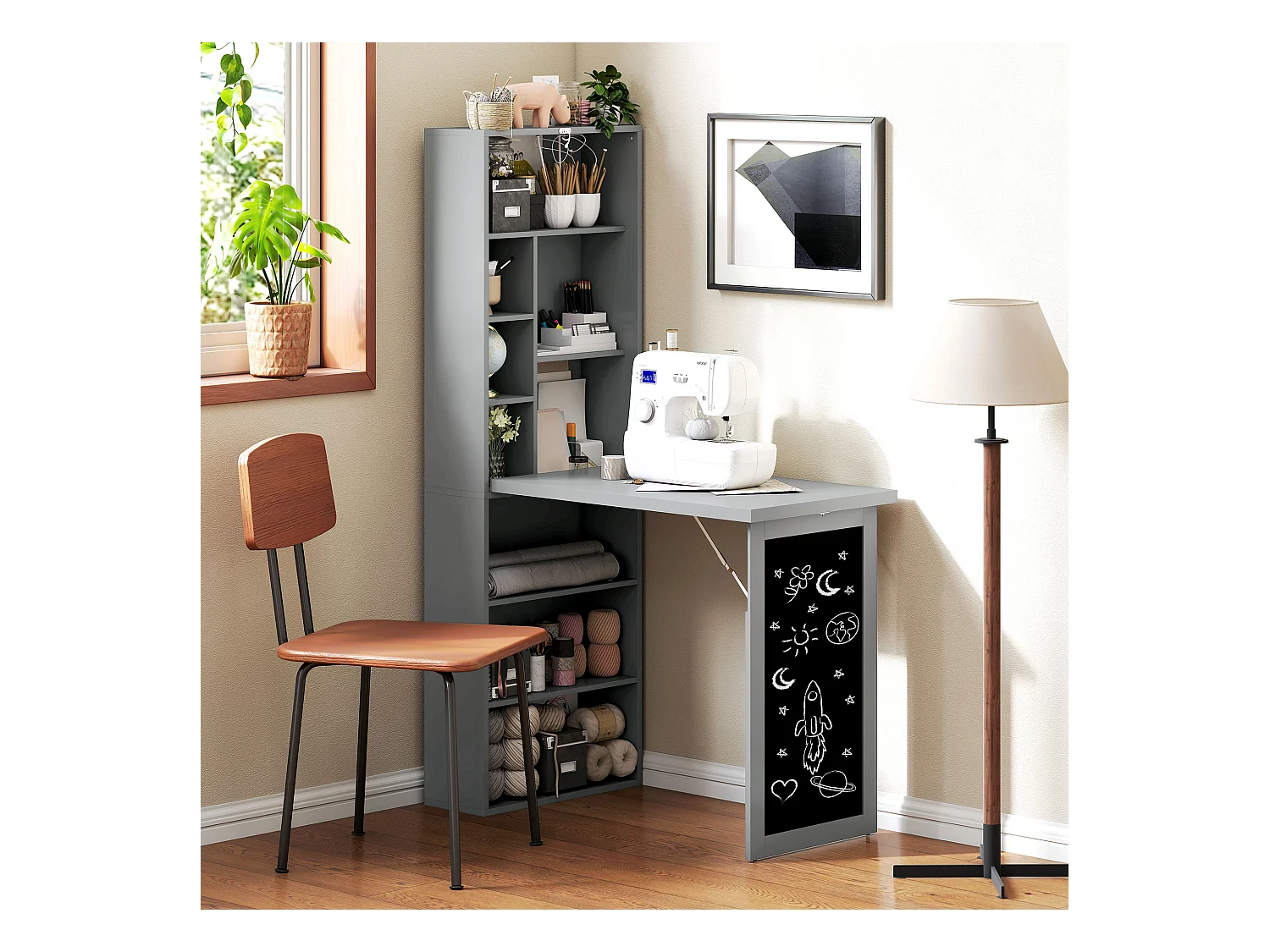 Scrivania pieghevole con libreria a 9 ripiani e lavagna grigio