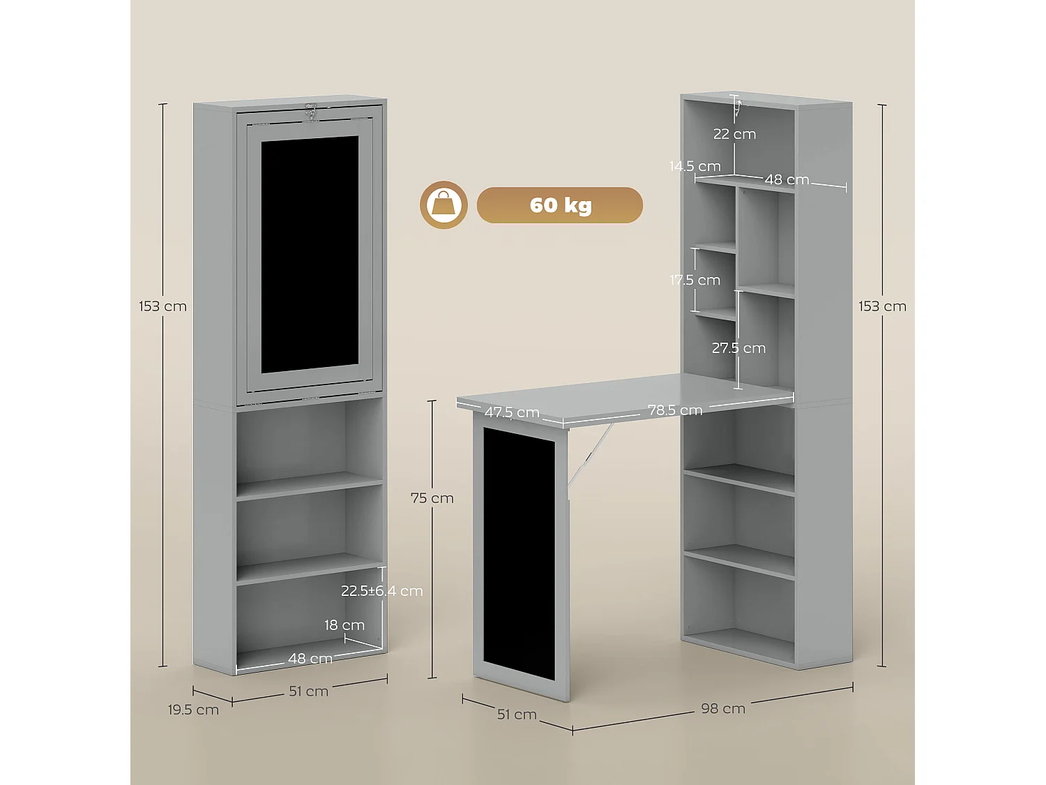Scrivania pieghevole con libreria a 9 ripiani e lavagna grigio